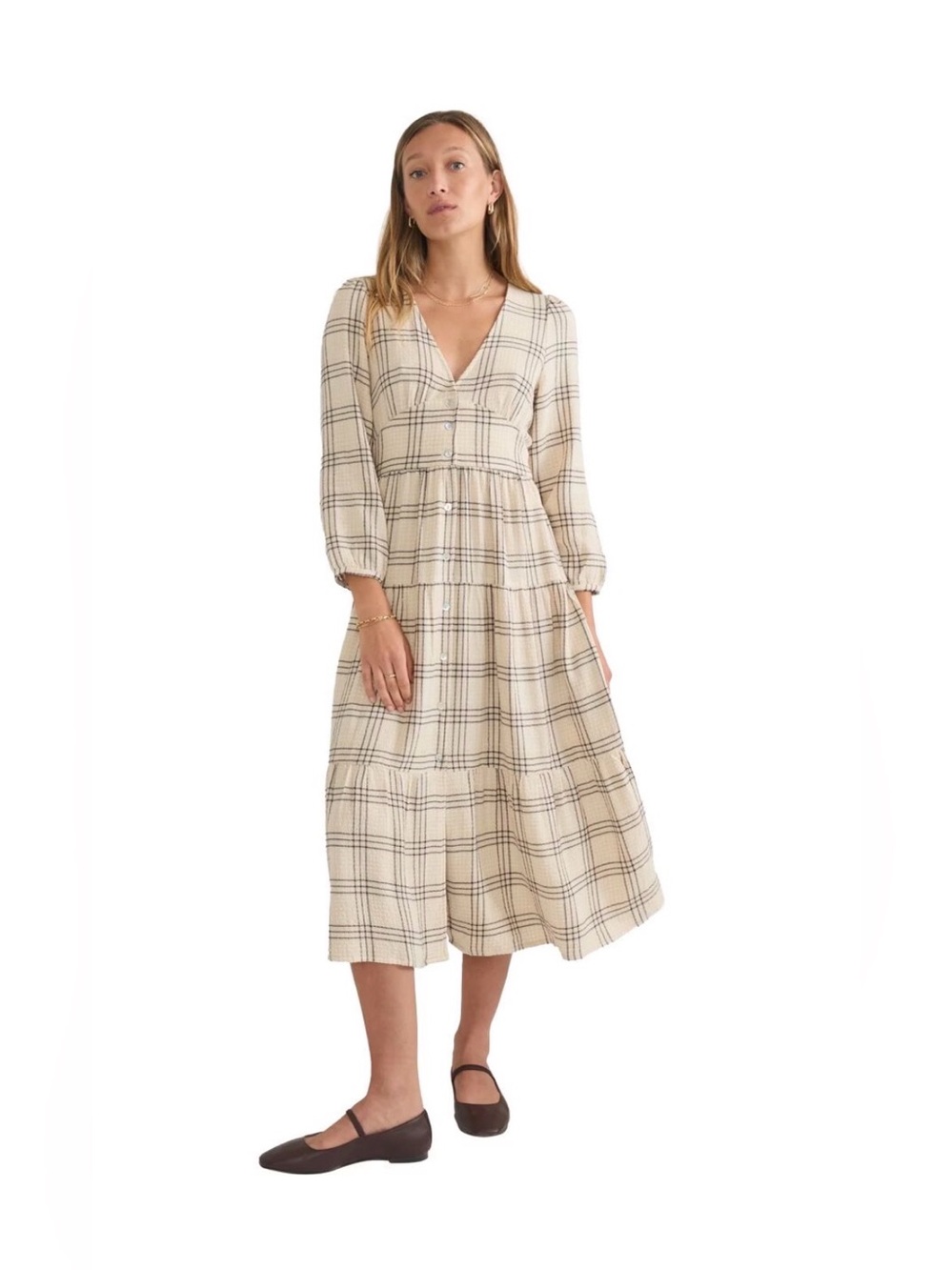 Marine Layer Cream Plaid V-Neck Midi Dress